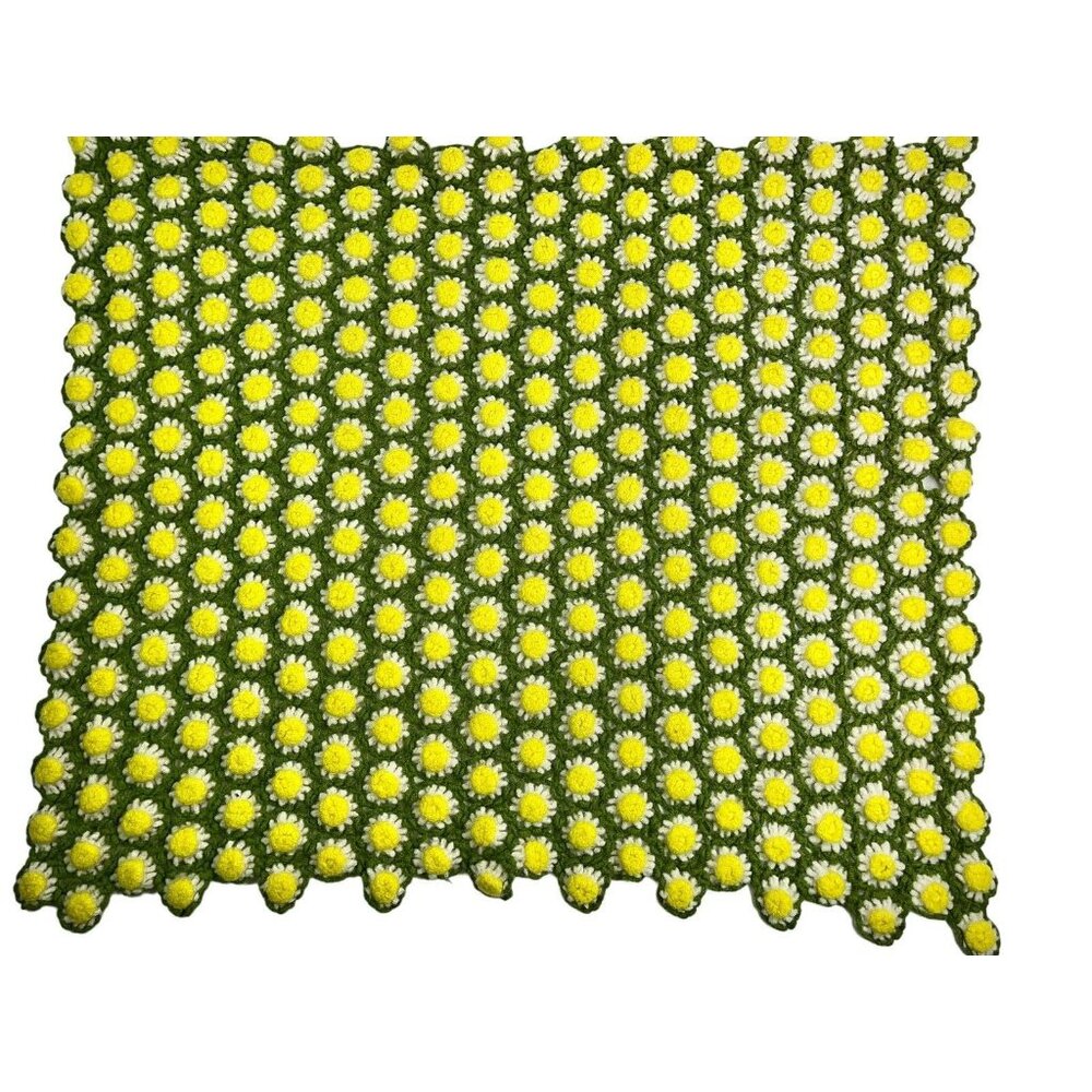 Crocheted Yellow Daisy Sunflower Floral Afghan Blanket 33" x 38" Hippie Boho Vtg